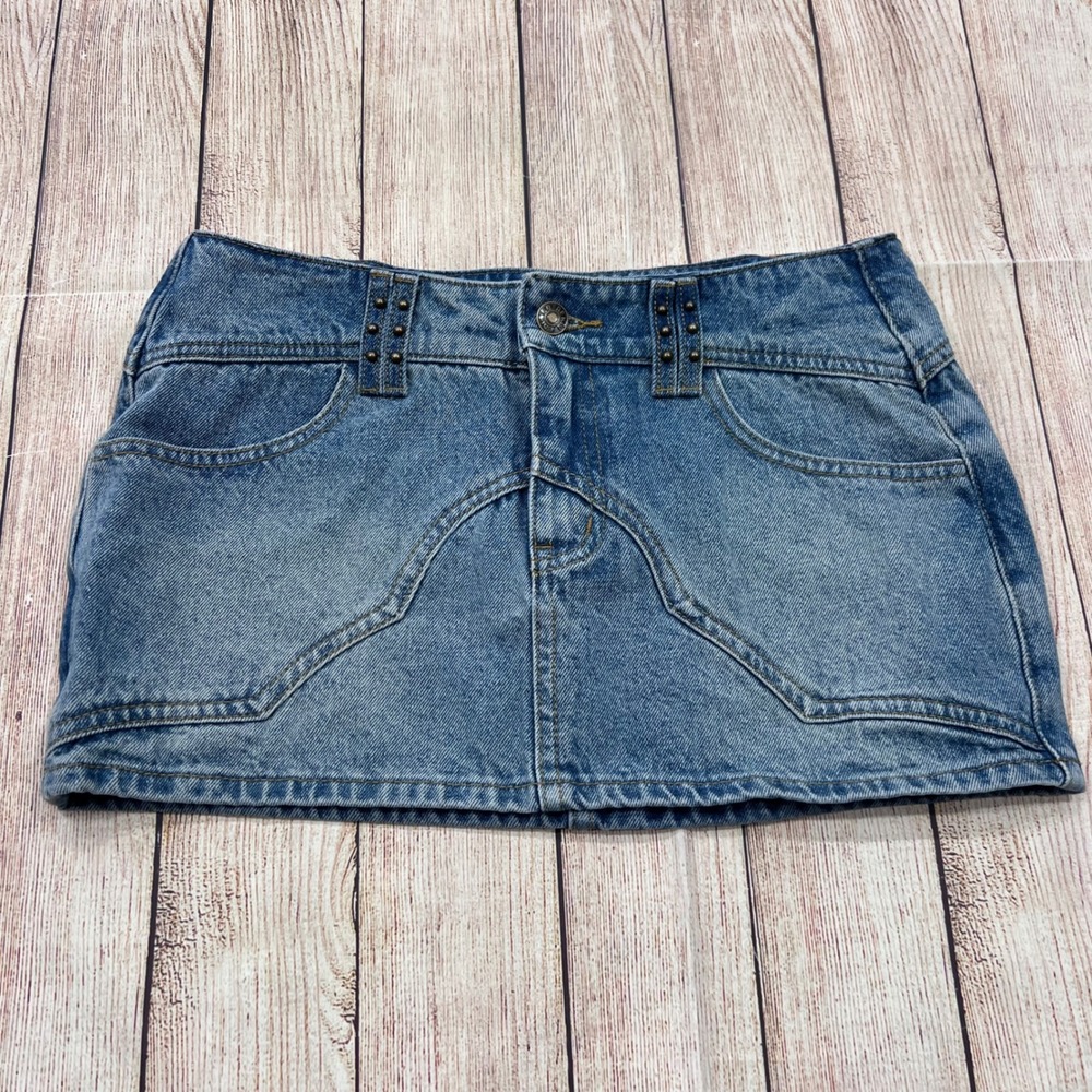 Edikted Womens Blue Denim Mini Skirt Low Rise Studded Paneled Y2K Size S